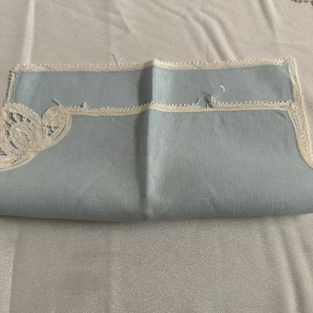Vintage Blue Linen Placemats 16x11 Napkins 11x11 Set 23pc Lace Trim Estate